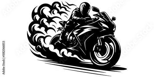 A sport bike performing a drift, with smoke forming bold, curved lines around the motorcycle for a dramatic effect