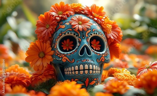 A blue skull adorned with vibrant orange flowers and green leaves, artistic Halloween design.