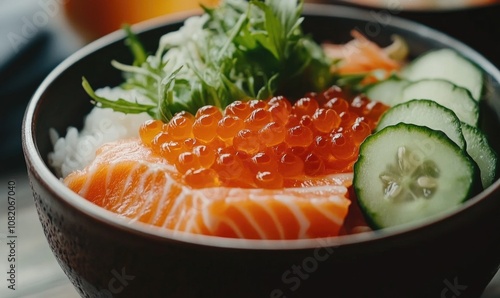 A bowl of food with salmon, cucumbers, and other vegetables