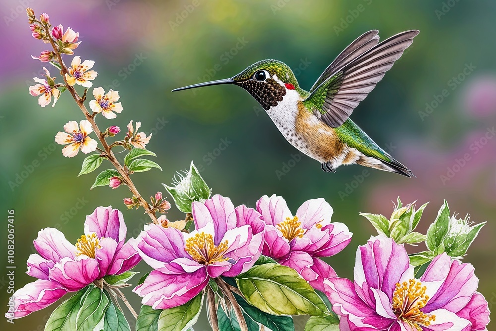 Fototapeta premium Radiant Watercolor Hummingbird Above Blossoming Botanicals in Nature