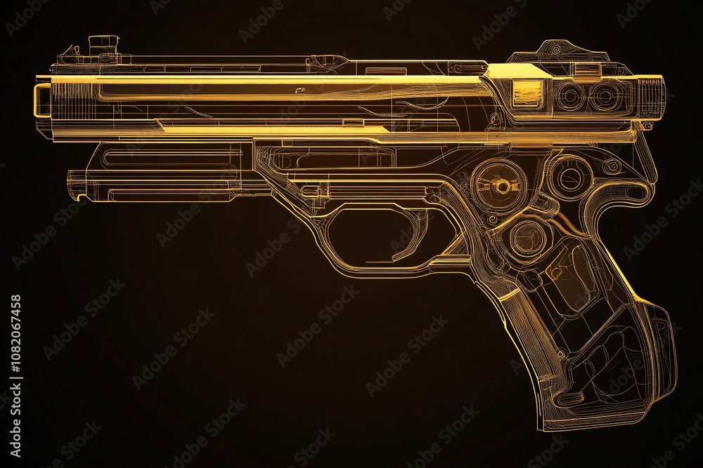 A glowing golden wireframe of a handgun showcasing intricate mechanical details against a dark background
A glowing golden wireframe of a handgun showcasing intricate mechanical details against a dark background