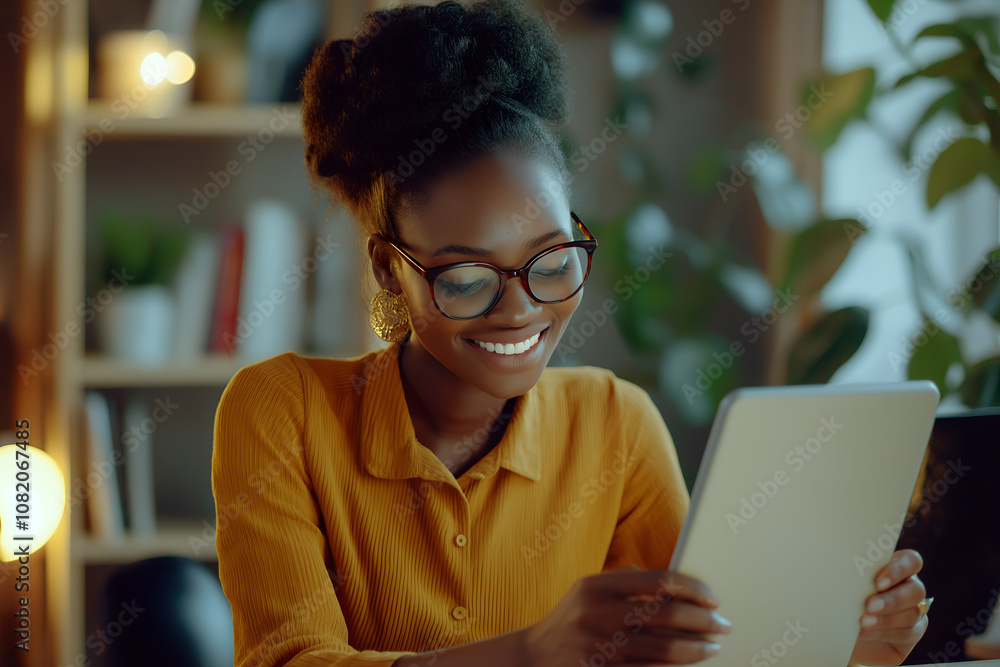 Cheerful female business woman using mobile device while working on laptop in office. Cheerful female business woman using mobile device while working on laptop in office.