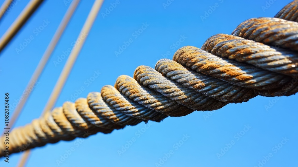 Close-up of steel cables of a suspension bridge with a bright blue sky in the background, emphasizing strength and engineering. Close-up of steel cables of a suspension bridge with a bright blue sky in the background, emphasizing strength and engineering.