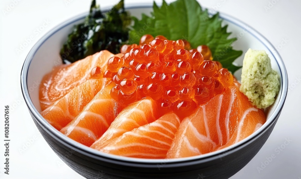 A bowl of sushi with salmon and red caviar A bowl of sushi with salmon and red caviar