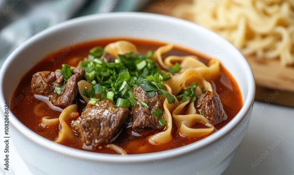 A bowl of red soup with noodles and meat A bowl of red soup with noodles and meat