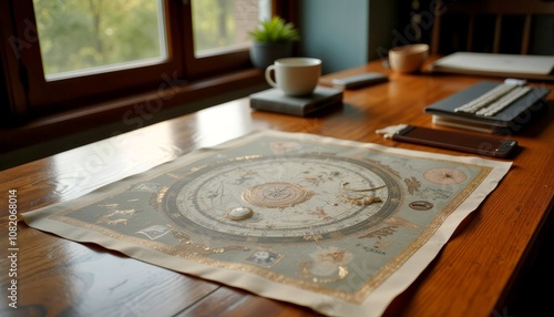 Astrological birth chart with decorative elements on a wooden table with a cozy atmosphere
