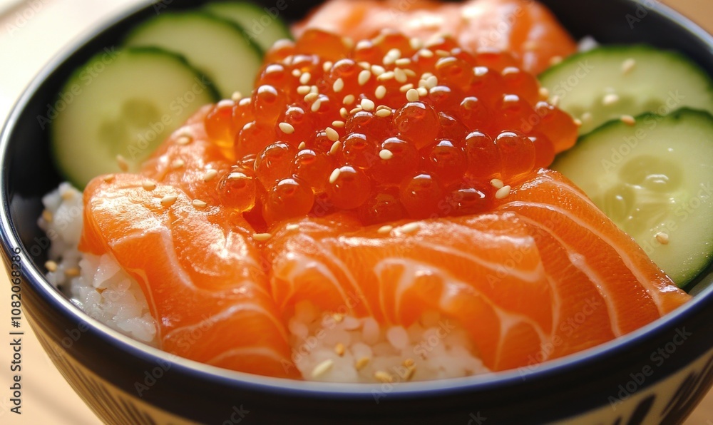 A bowl of sushi with cucumbers and sesame seeds A bowl of sushi with cucumbers and sesame seeds