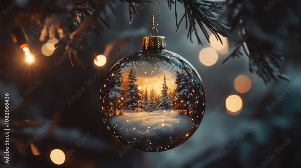 Delicate ornament with a snowy forest scene, hanging on a branch with twinkling lights behind. Delicate ornament with a snowy forest scene, hanging on a branch with twinkling lights behind.