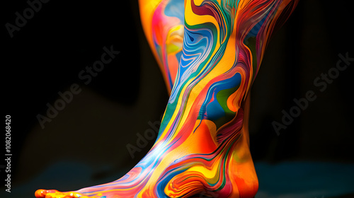 Detailed image of a custom prosthetic leg with a vibrant colorful design for personal expression. photo