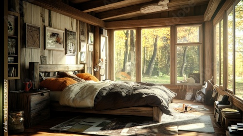 Cozy Rustic Bedroom with Large Window View of a Forest