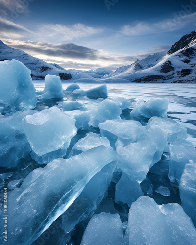 beaA breathtaking Arctic scene featuring a sprawling expanse of frozen terrain where massive ice chunks and intricate cracks in the ice sheets tell the story of a shifting, melting world. Some ice for photo