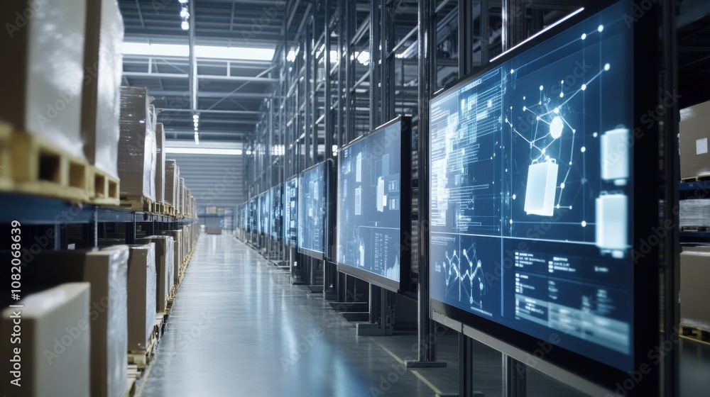 High-Tech Logistics Warehouse with Real-Time Tracking Screens: Highlighting Tracking Technology, Visibility, and Integration in Warehouse Management with Detailed View of Screens and Environment High-Tech Logistics Warehouse with Real-Time Tracking Screens: Highlighting Tracking Technology, Visibility, and Integration in Warehouse Management with Detailed View of Screens and Environment