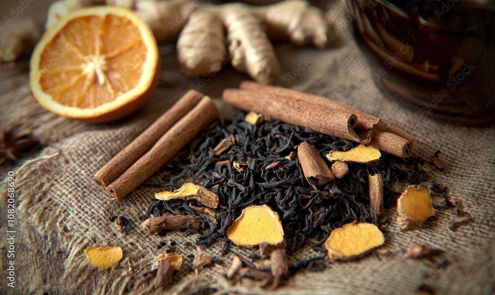 A pile of spices and a cinnamon stick on a table A pile of spices and a cinnamon stick on a table