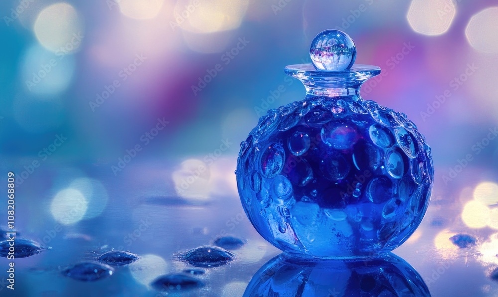 A blue perfume bottle with a blue cap A blue perfume bottle with a blue cap