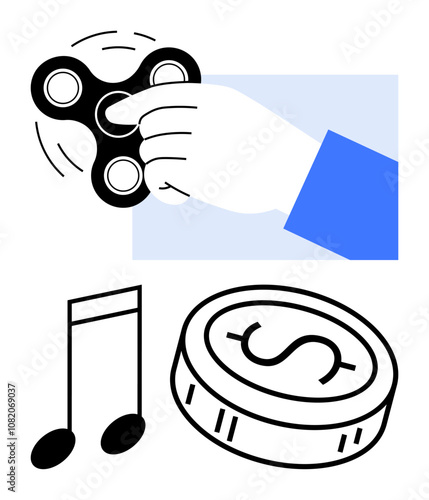 Hand spinning a fidget spinner, musical note, and coin marked with dollar sign. Ideal for stress relief, entertainment, financial concepts, music, hobbies relaxation mindfulness. Line metaphor