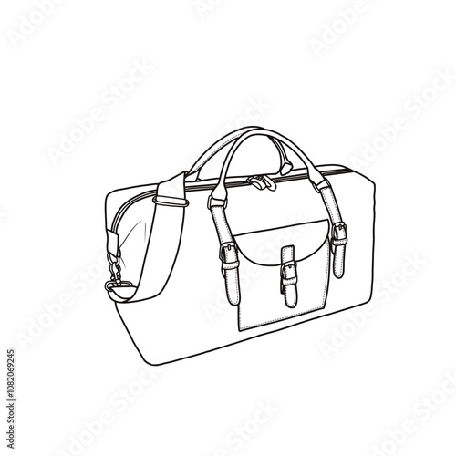 Travel duffle bag waterproof with front pocket vector icon line art. An editable vector design of travel duffle bag crossbody bag. Isolated on a white background.