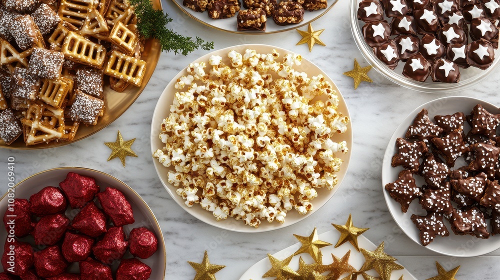 Festive Table Setting with Golden Popcorn, Chocolate Treats, and Seasonal Snacks Perfect for New Year's Celebrations Festive Table Setting with Golden Popcorn, Chocolate Treats, and Seasonal Snacks Perfect for New Year's Celebrations