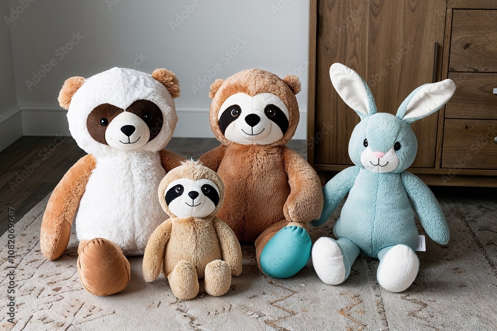 Charming Plush Toy Ensemble of Bear, Sloth, and Rabbit for Children�s Playroom Charming Plush Toy Ensemble of Bear, Sloth, and Rabbit for Children�s Playroom
