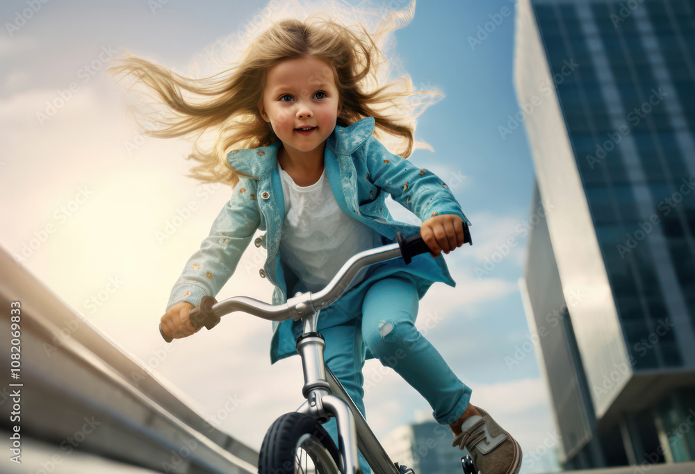 A girl riding her bicycle outdoors, enjoying the freedom and excitement of an active day in City A girl riding her bicycle outdoors, enjoying the freedom and excitement of an active day in City
