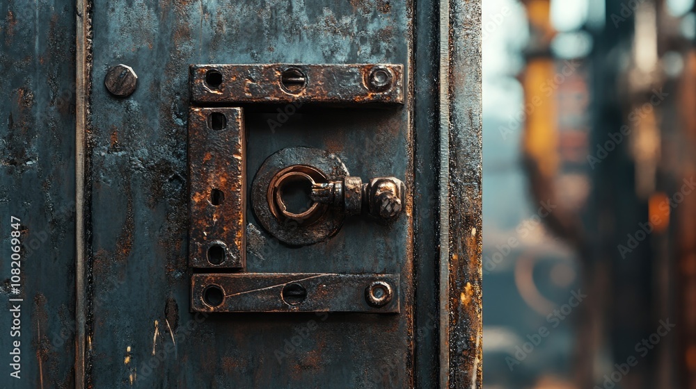 Detail of a heavy-duty metal door frame with industrial lock, half open, representing security. Detail of a heavy-duty metal door frame with industrial lock, half open, representing security.
