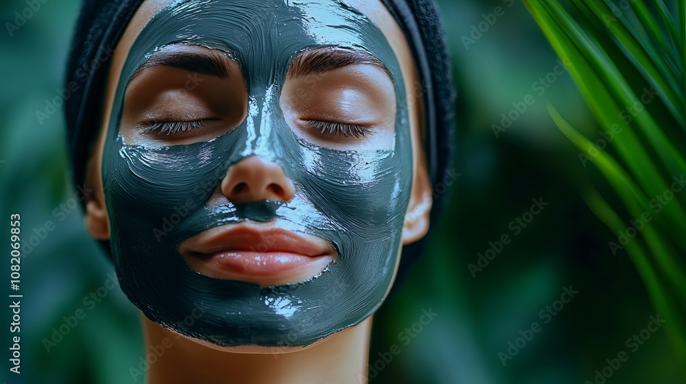 Client experiencing beauty care with a face mask applied by brush detox and skincare wellness with eyes closed for a glowing spa facial Client experiencing beauty care with a face mask applied by brush detox and skincare wellness with eyes closed for a glowing spa facial