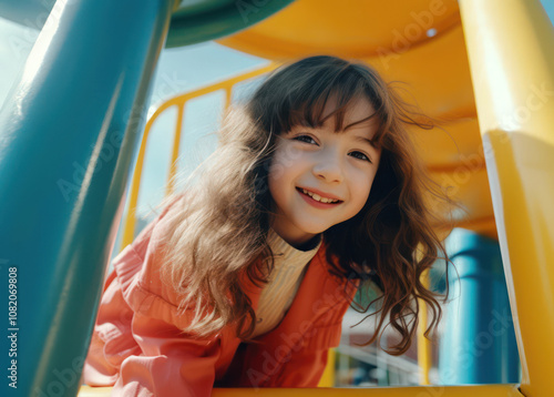 Girl playing on a colorful playground, showcasing happiness and childhood excitement under a bright sky.