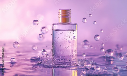 A bottle of perfume is on a table with water splashing around it