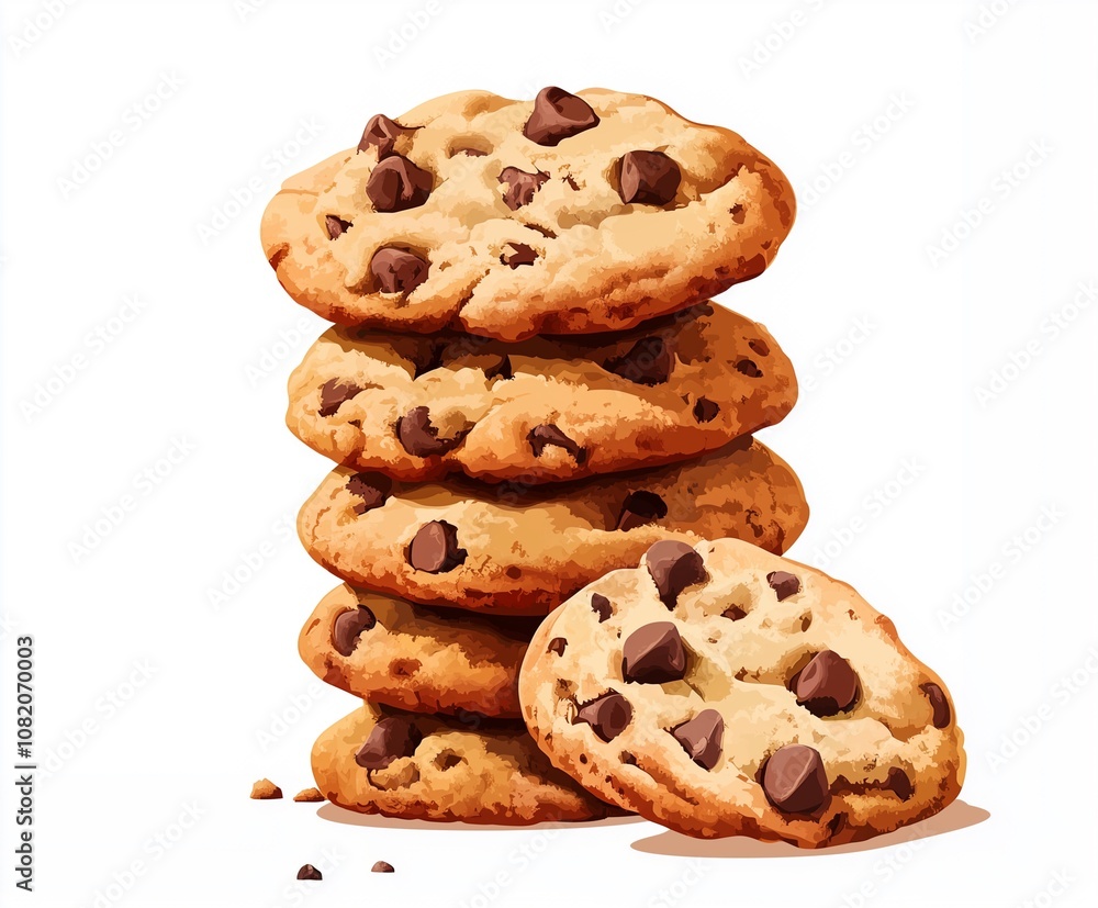 A stack of delicious chocolate chip cookies, golden brown and freshly baked, invitingly arranged on a clean background. A stack of delicious chocolate chip cookies, golden brown and freshly baked, invitingly arranged on a clean background.