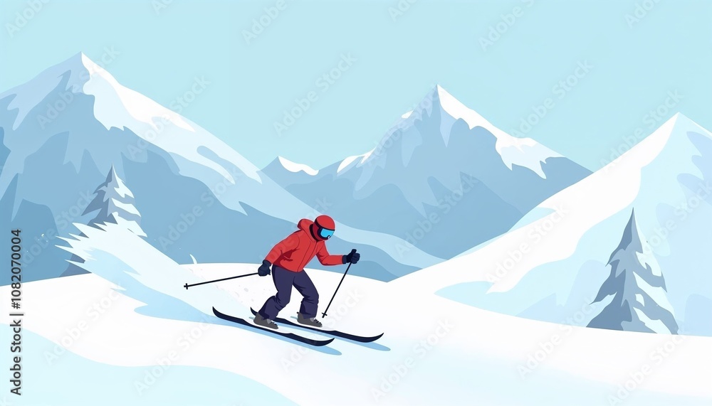 Flat illustration of snowboarding and skiing on a slope with snow-covered mountains in cold blue and white tones, representing winter sports adventure Flat illustration of snowboarding and skiing on a slope with snow-covered mountains in cold blue and white tones, representing winter sports adventure