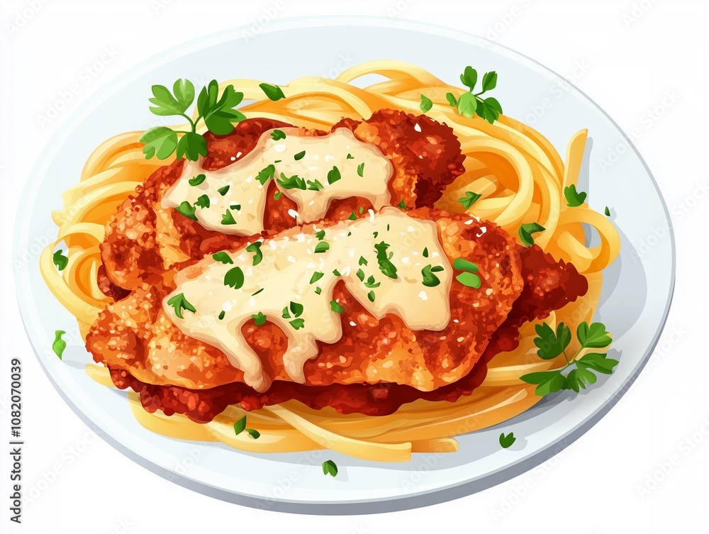 A delicious plate of spaghetti topped with chicken cutlets, creamy sauce, and fresh parsley, creating an appetizing Italian dish. A delicious plate of spaghetti topped with chicken cutlets, creamy sauce, and fresh parsley, creating an appetizing Italian dish.