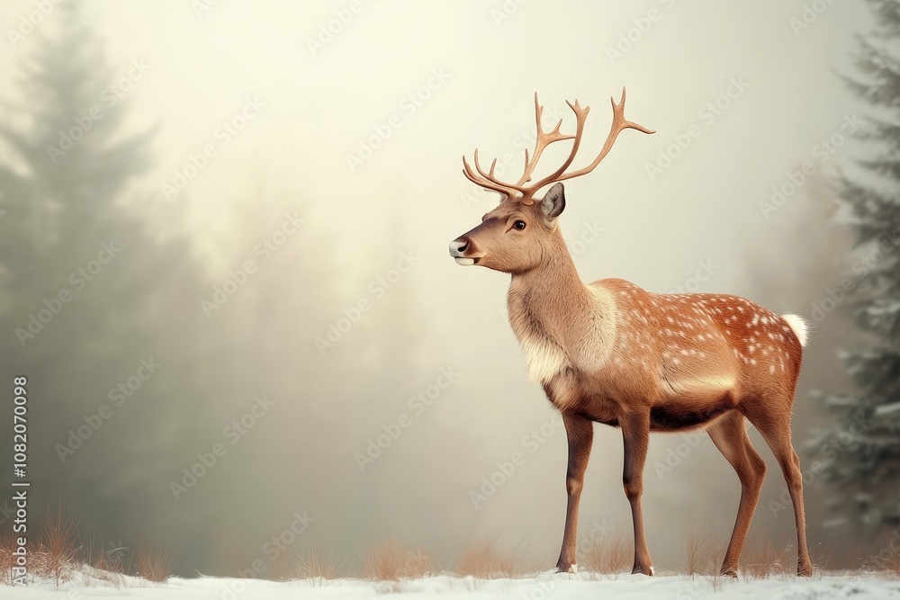 A graceful reindeer stands in a snowy, misty forest, its antlers reaching towards a serene winter sky. A graceful reindeer stands in a snowy, misty forest, its antlers reaching towards a serene winter sky.