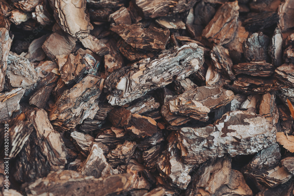 Background from coniferous tree bark pieces. Abstract background texture. Crushed tree bark texture background closeup. Shredded brown tree bark for decoration and mulching or for playground Background from coniferous tree bark pieces. Abstract background texture. Crushed tree bark texture background closeup. Shredded brown tree bark for decoration and mulching or for playground
