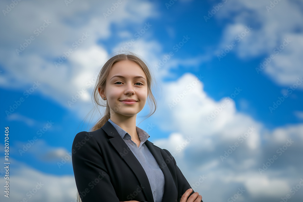 High school teenage girl portrait standing with the sky in the background High school teenage girl portrait standing with the sky in the background