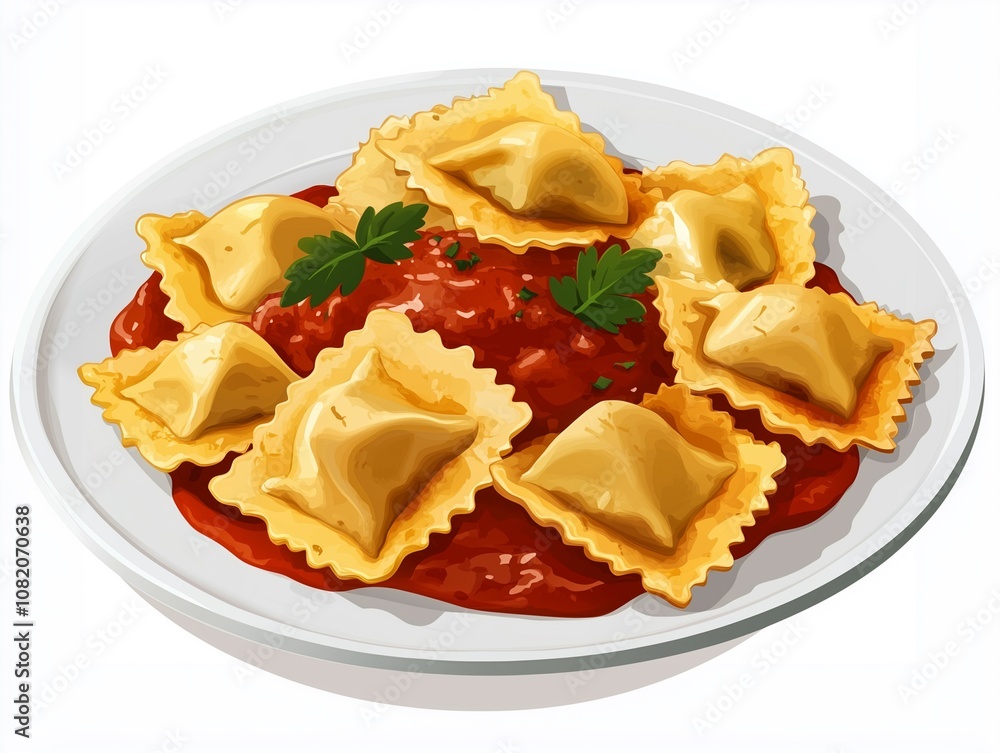A plate of ravioli topped with savory tomato sauce, garnished with fresh parsley, showcasing a delicious Italian dish. A plate of ravioli topped with savory tomato sauce, garnished with fresh parsley, showcasing a delicious Italian dish.