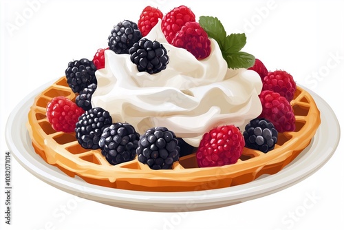 A delicious waffle topped with whipped cream and a mix of fresh raspberries and blackberries, served on a white plate.