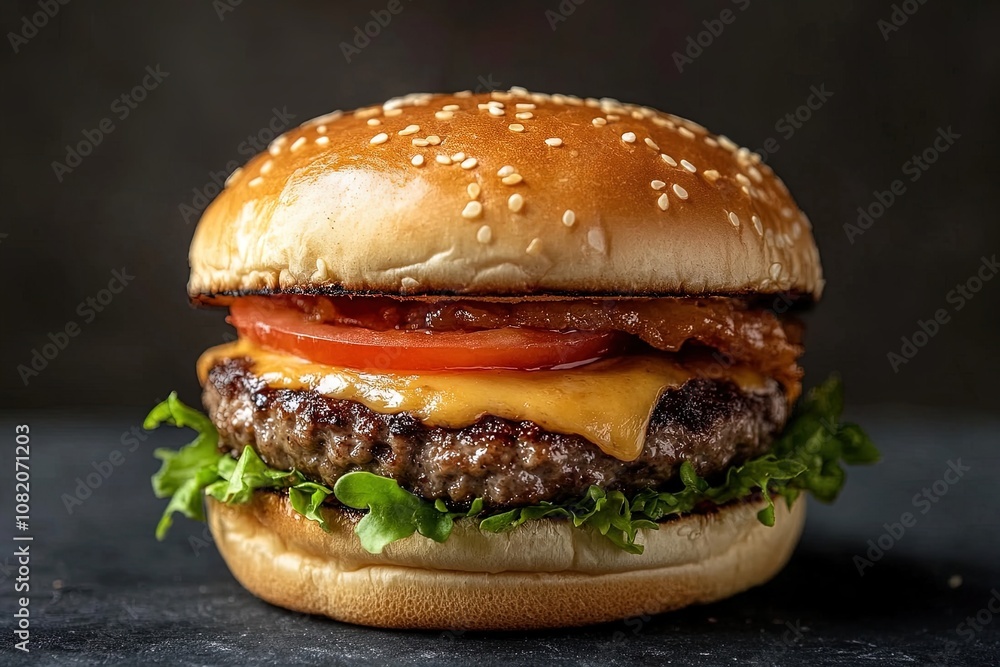 Delicious Cheeseburger With Fresh Lettuce, Tomato, and Crispy Bacon on a Sesame Seed Bun Delicious Cheeseburger With Fresh Lettuce, Tomato, and Crispy Bacon on a Sesame Seed Bun