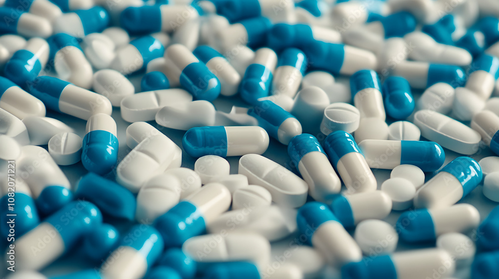 Detailed shot of different shapes and sizes of white and blue medical pills scattered on a surface. Detailed shot of different shapes and sizes of white and blue medical pills scattered on a surface.