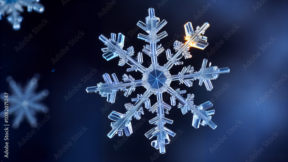 Perfect Symmetry of Nature: A Unique Snowflake in a Cold Winter Atmosphere with Crystalline Structure and Delicate Details, Captured through Macro Photography with Bokeh Effect Perfect Symmetry of Nature: A Unique Snowflake in a Cold Winter Atmosphere with Crystalline Structure and Delicate Details, Captured through Macro Photography with Bokeh Effect