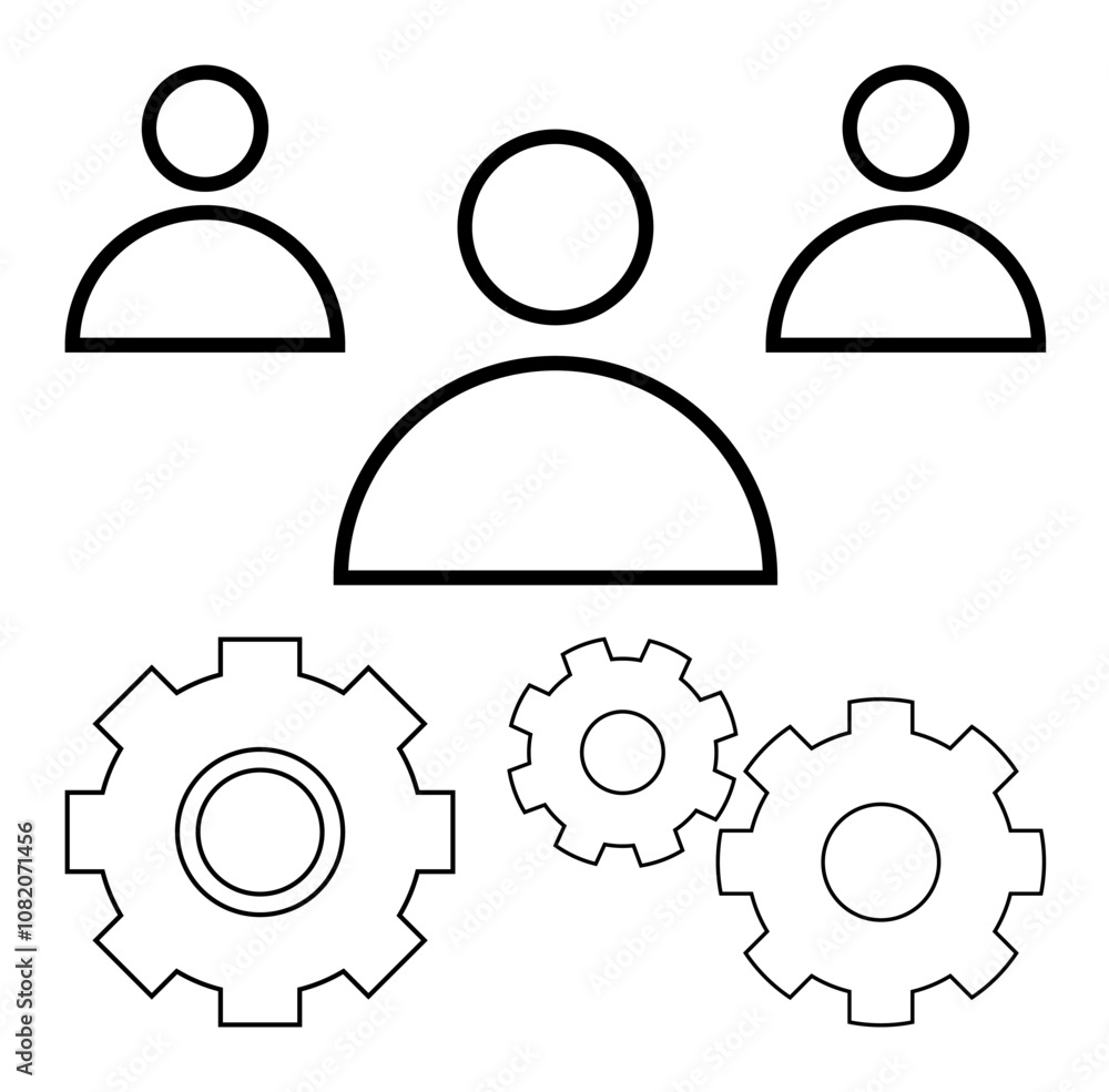Three people icons above interconnected gears represent teamwork and unified processes. Ideal for collaboration, workflow, teamwork, organizational structure, efficiency, project management, business Three people icons above interconnected gears represent teamwork and unified processes. Ideal for collaboration, workflow, teamwork, organizational structure, efficiency, project management, business