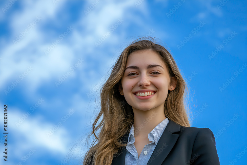 High school teenage girl portrait standing with the sky in the background High school teenage girl portrait standing with the sky in the background