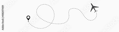 Airplane line path vector icon set of air plane flight route with start point and dash line trace. Plane vector icon and dotted line airplane path 6
