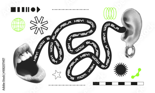 Contemporary art collage with female open mouth. Female halftone lips with tongue and piercing.Trendy vector pieces. Creative collage in Y2K style for social media, card, print on clothes. 
