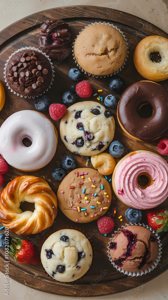 Obraz premium A delicious assortment of baked goods, including colorful donuts, muffins, cupcakes, and fresh berries, beautifully arranged on a wooden platter, perfect for dessert lovers.