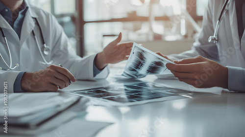 Doctor reviewing X-rays with a patient explaining the diagnosis. photo