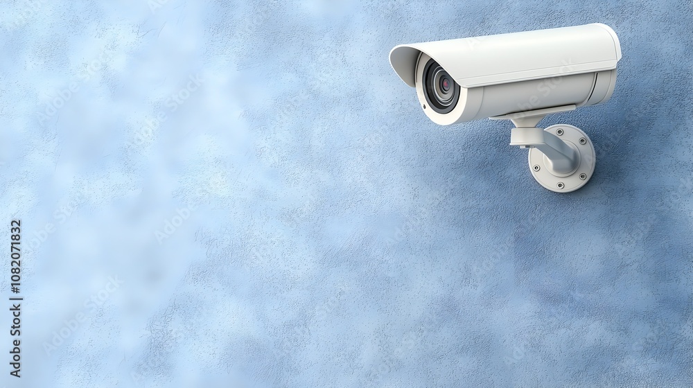 Security Camera on Blue Wall: A single, modern security camera mounted on a blue wall, offering a sense of safety and vigilance. Its watchful gaze, captured in a photorealistic style. Security Camera on Blue Wall: A single, modern security camera mounted on a blue wall, offering a sense of safety and vigilance. Its watchful gaze, captured in a photorealistic style.