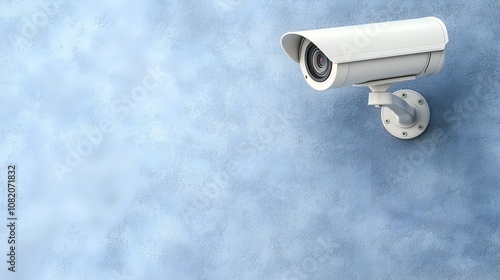 Security Camera on Blue Wall: A single, modern security camera mounted on a blue wall, offering a sense of safety and vigilance. Its watchful gaze, captured in a photorealistic style.