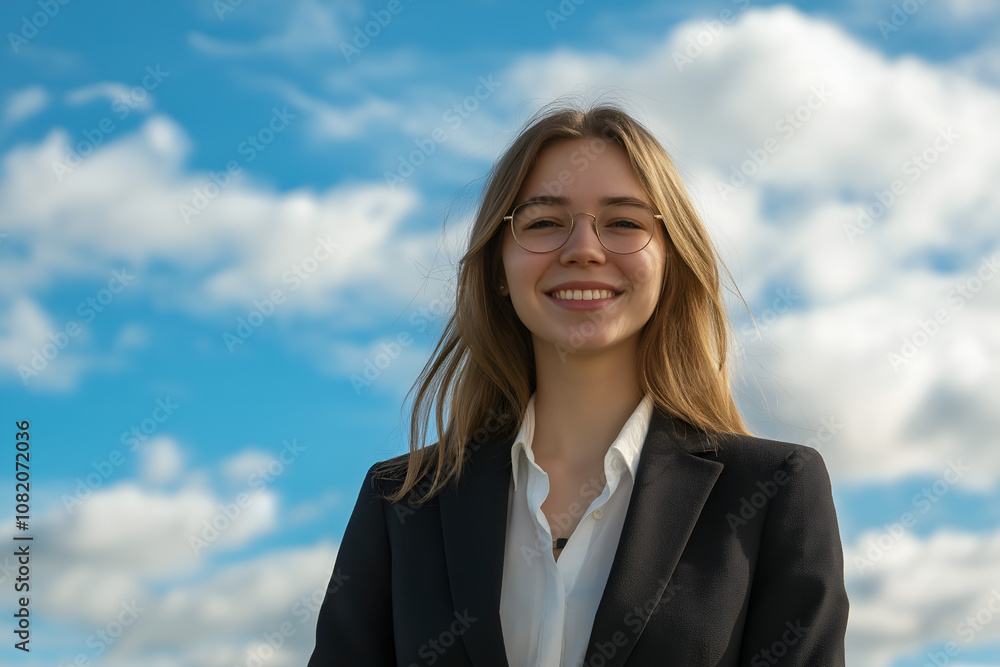 High school teenage girl portrait standing with the sky in the background High school teenage girl portrait standing with the sky in the background