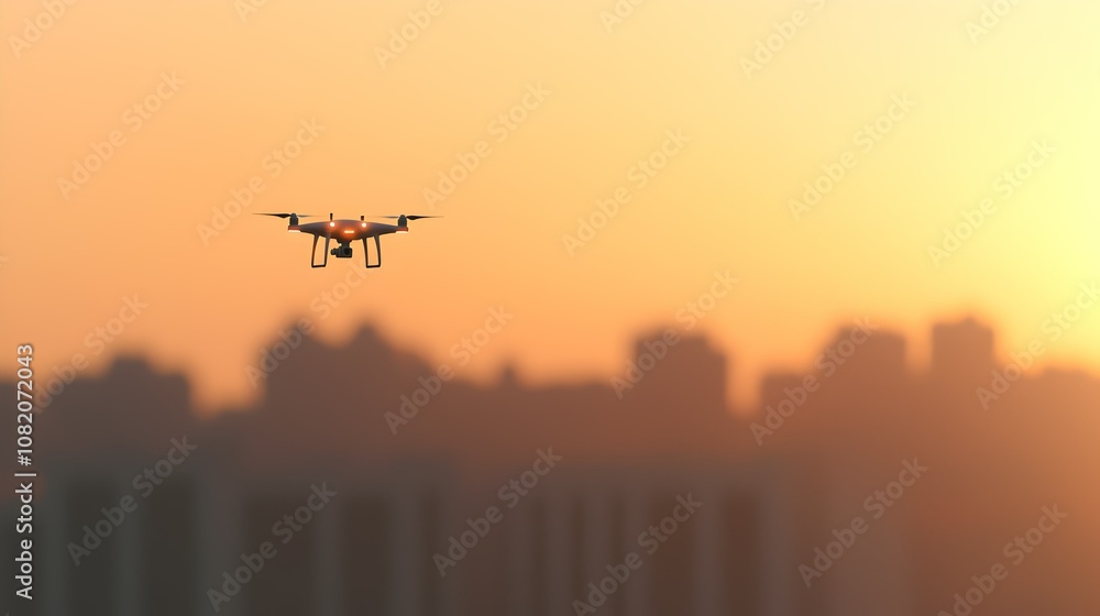 Drone Soaring at Sunset: A drone silhouette gracefully glides through the air against a captivating backdrop of a cityscape bathed in the warm glow of sunset. The image evokes a sense of freedom. Drone Soaring at Sunset: A drone silhouette gracefully glides through the air against a captivating backdrop of a cityscape bathed in the warm glow of sunset. The image evokes a sense of freedom.