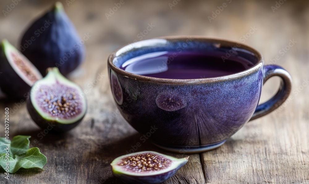 Fototapeta premium A cup of purple tea sits on a wooden table with a few pieces of fruit
