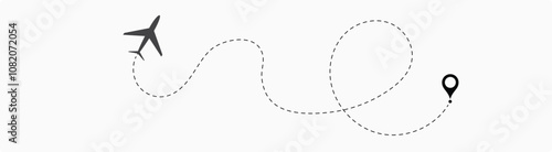 Airplane line path vector icon set of air plane flight route with start point and dash line trace. Plane vector icon and dotted line airplane path 5